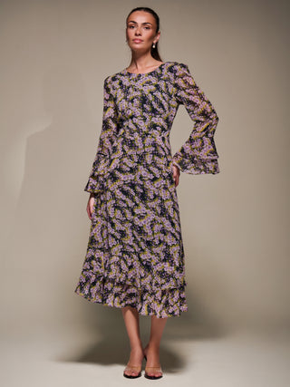 Long Sleeve Chiffon Print Frill Midaxi Dress, Purple Multi