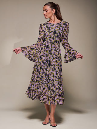 Long Sleeve Chiffon Print Frill Midaxi Dress, Purple Multi