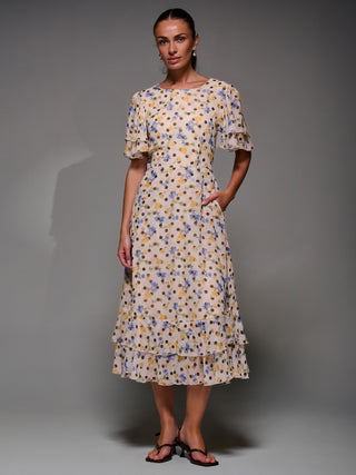 Frill Detail Chiffon Midaxi Dress, Beige Spot