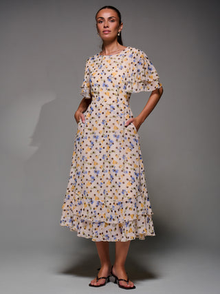 Frill Detail Chiffon Midaxi Dress, Beige Spot