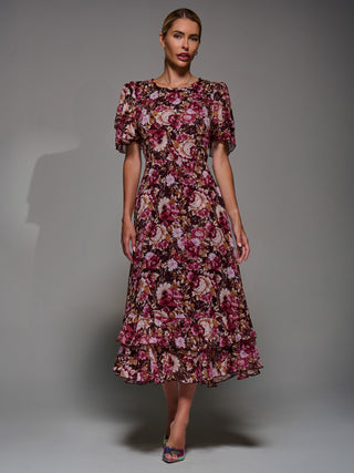 Frill Detail Chiffon Midaxi Dress, Burgundy Floral