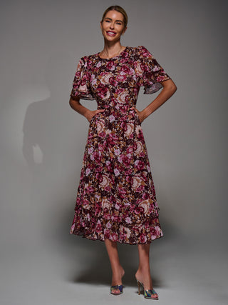 Frill Detail Chiffon Midaxi Dress, Burgundy Floral