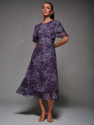 Frill Detail Chiffon Midaxi Dress, Purple Abstract