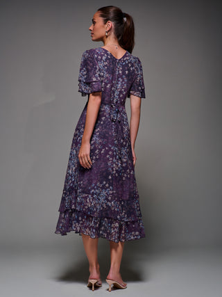 Frill Detail Chiffon Midaxi Dress, Purple Abstract