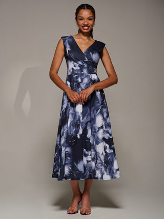 V-Neck Fit & Flare Scuba Midaxi Dress, Black Abstract
