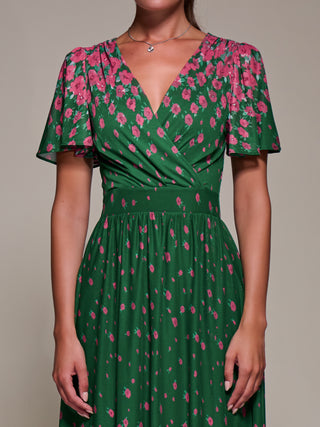 Mirrored Mesh Short Sleeve Midaxi Dress, Green Floral