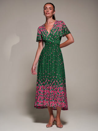 Mirrored Mesh Short Sleeve Midaxi Dress, Green Floral