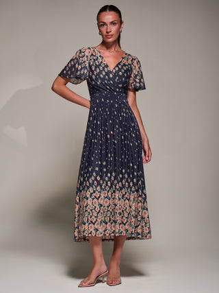 Mirrored Mesh Short Sleeve Midaxi Dress, Navy Floral