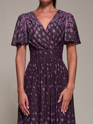 Mirrored Mesh Short Sleeve Midaxi Dress, Purple Floral