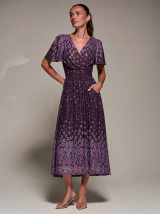 Mirrored Mesh Short Sleeve Midaxi Dress, Purple Floral