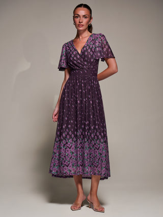 Mirrored Mesh Short Sleeve Midaxi Dress, Purple Floral