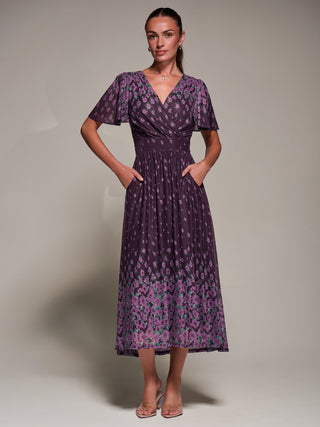 Mirrored Mesh Short Sleeve Midaxi Dress, Purple Floral