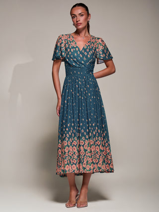 Mirrored Mesh Short Sleeve Midaxi Dress, Teal Floral
