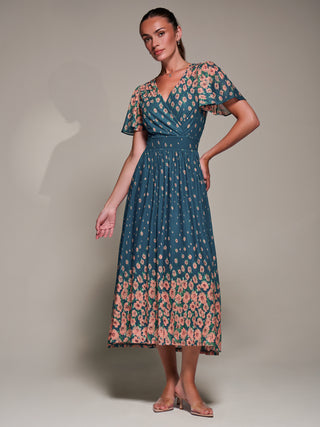 Mirrored Mesh Short Sleeve Midaxi Dress, Teal Floral