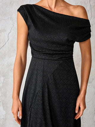 Textured Asymmetrical Draped Midaxi Dress, Black