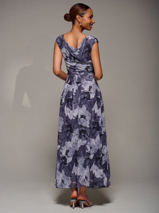 Asymmetric Draped Mesh Maxi Dress, Black Abstract