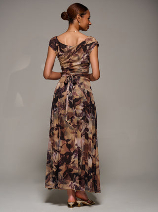 Asymmetric Draped Mesh Maxi Dress, Brown Abstract