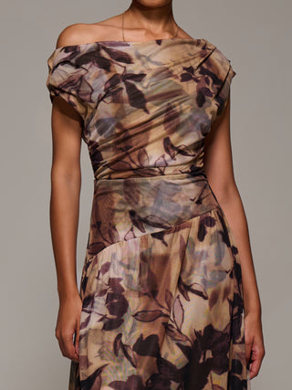 Asymmetric Draped Mesh Maxi Dress, Brown Abstract