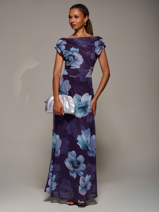 Asymmetric Neck Mesh Maxi Dress, Purple Floral