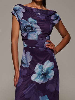 Asymmetric Neck Mesh Maxi Dress, Purple Floral