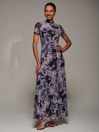 Turtle Neckline Mesh Maxi Dress, Black Abstract