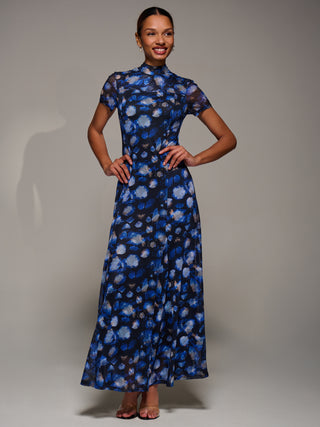 Turtle Neckline Mesh Maxi Dress, Blue Abstract