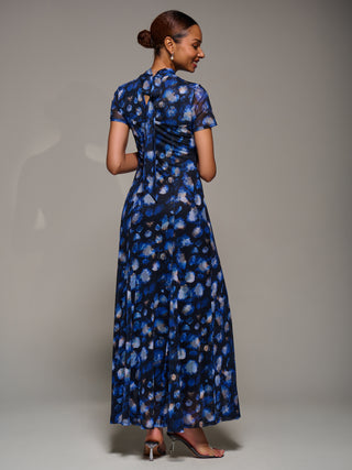 Turtle Neckline Mesh Maxi Dress, Blue Abstract