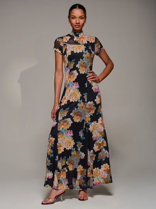 Turtle Neckline Mesh Maxi Dress, Yellow Floral
