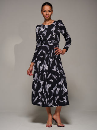 Puff Long Sleeve Jersey Maxi Dress, Black Brushstroke
