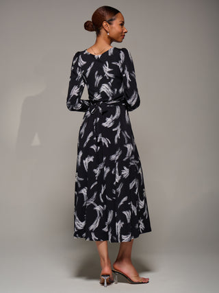 Puff Long Sleeve Jersey Maxi Dress, Black Brushstroke
