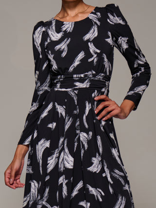 Puff Long Sleeve Jersey Maxi Dress, Black Brushstroke