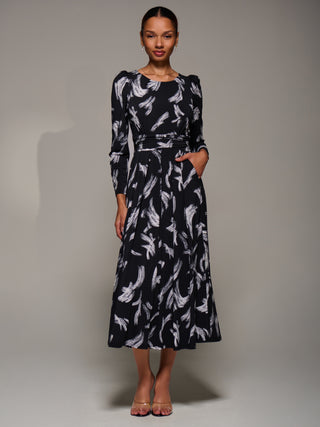 Puff Long Sleeve Jersey Maxi Dress, Black Brushstroke