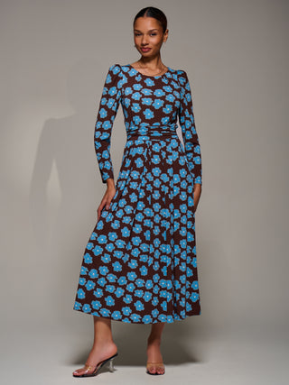 Puff Long Sleeve Jersey Maxi Dress, Blue Floral