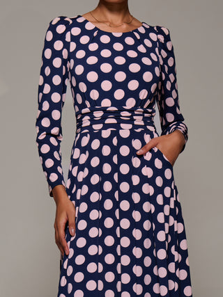 Puff Long Sleeve Jersey Maxi Dress, Navy Spot