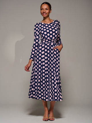 Puff Long Sleeve Jersey Maxi Dress, Navy Spot