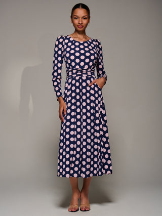 Puff Long Sleeve Jersey Maxi Dress, Navy Spot