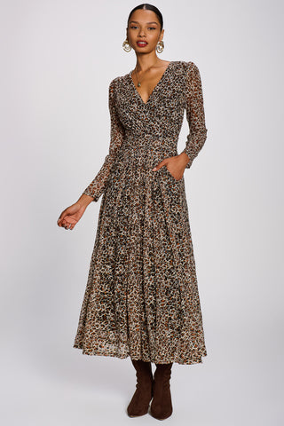 Long Sleeve Pleated Lace Maxi Dress, Neutral Animal