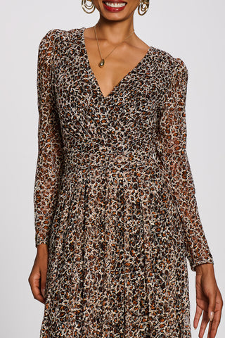 Long Sleeve Pleated Lace Maxi Dress, Neutral Animal