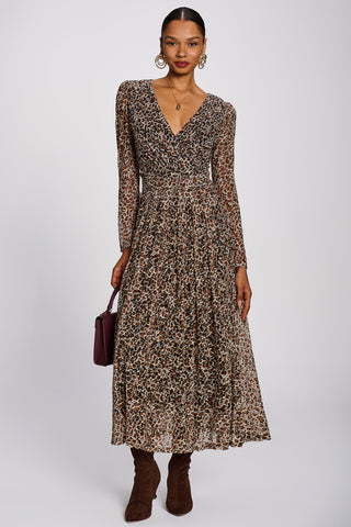 Long Sleeve Pleated Lace Maxi Dress, Neutral Animal