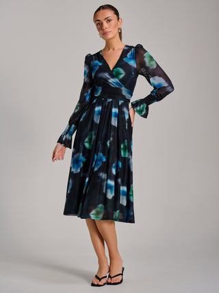 Long Sleeve Printed Mesh Midi Dress, Floral Multi