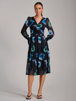 Long Sleeve Printed Mesh Midi Dress, Floral Multi
