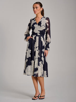 Long Sleeve Printed Mesh Midi Dress, Navy Floral