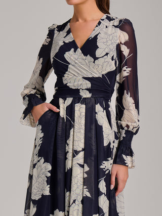 Long Sleeve Printed Mesh Midi Dress, Navy Floral