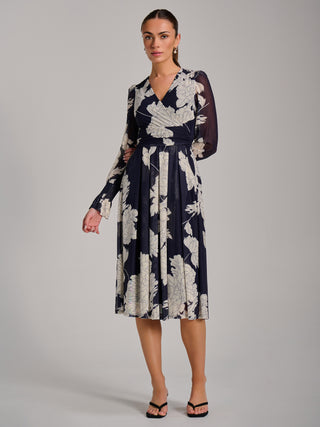 Long Sleeve Printed Mesh Midi Dress, Navy Floral