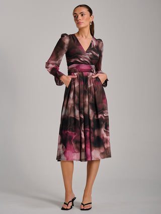 Long Sleeve Printed Mesh Midi Dress, Pink Abstract
