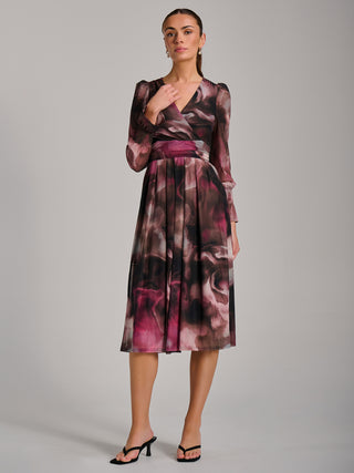 Long Sleeve Printed Mesh Midi Dress, Pink Abstract