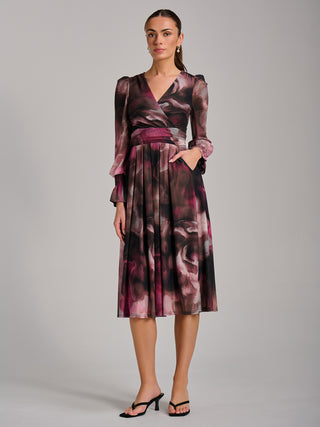 Long Sleeve Printed Mesh Midi Dress, Pink Abstract