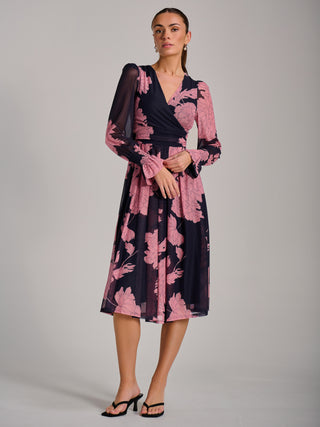Long Sleeve Printed Mesh Midi Dress, Pink Floral