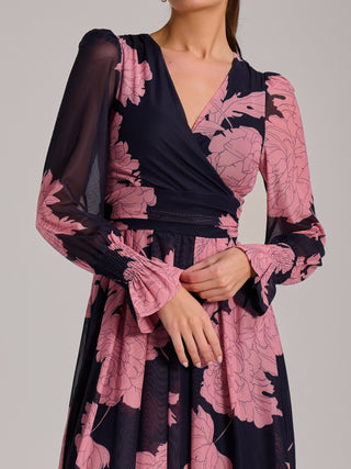 Long Sleeve Printed Mesh Midi Dress, Pink Floral