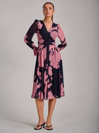 Long Sleeve Printed Mesh Midi Dress, Pink Floral